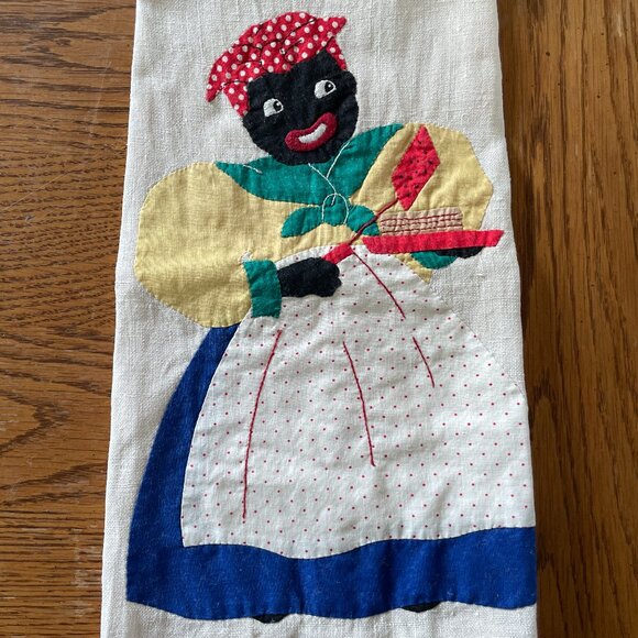 Vintage Black Americana Embroidered  Stitched Tea Hand Towel Woman Cooking - Picture 1 of 6